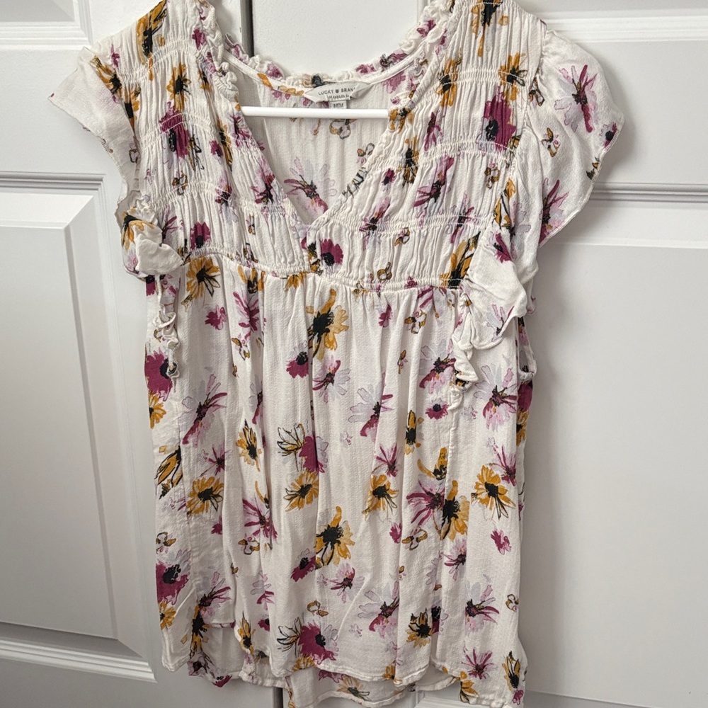 Lucky brand Floral Women's Top - White with Pink and Yellow Accents